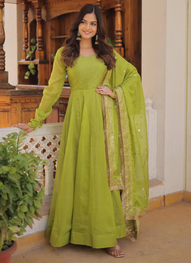 Russian Silk Parrot Green Festival Wear Sequinned Gown With Dupatta